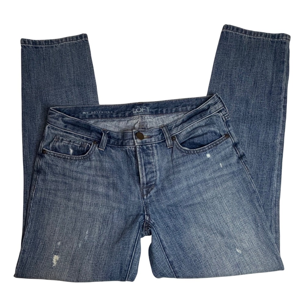 LOFT Boyfriend Jeans Womens 26/2 Blue Distressed 100% Cotton Button Fly